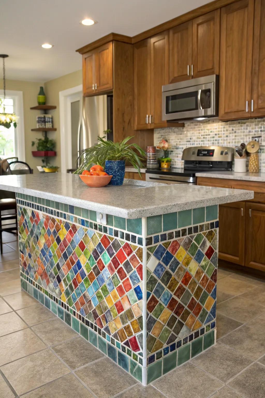 Glass tiles upon a culinary island fashion a captivating centerpiece.