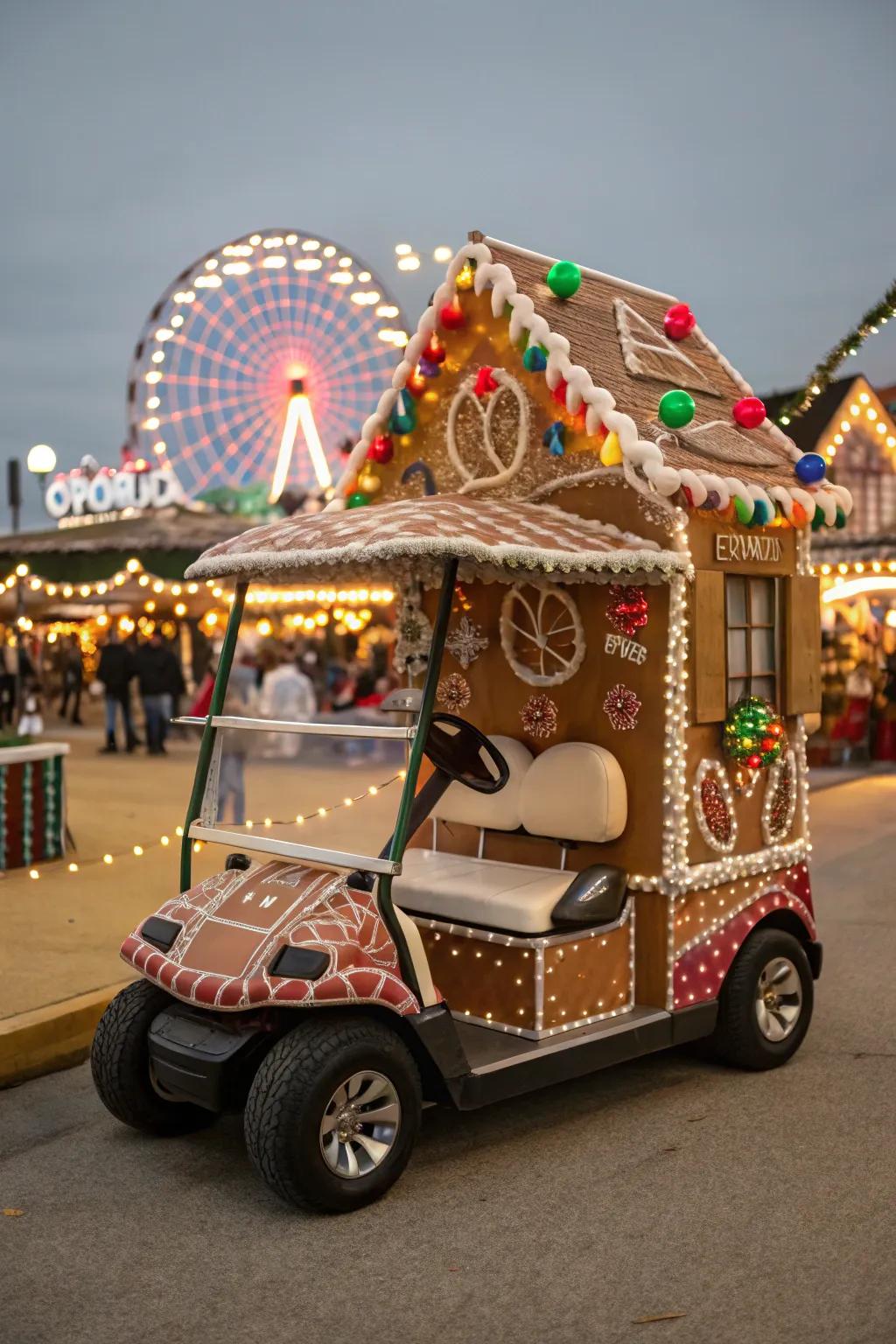 A whimsical gingerbread house atop wheels.