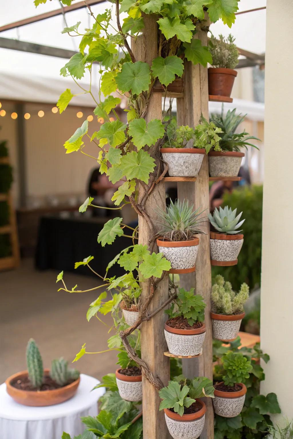 A grapevine tree functions as a creative vertical garden within a compact expanse.