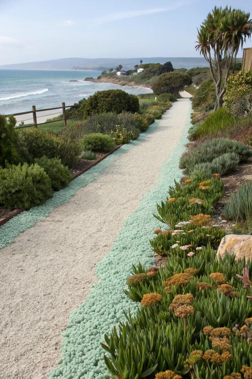 Ocean-tinted gravel crafts a coastal ambiance for this enchanting driveway.