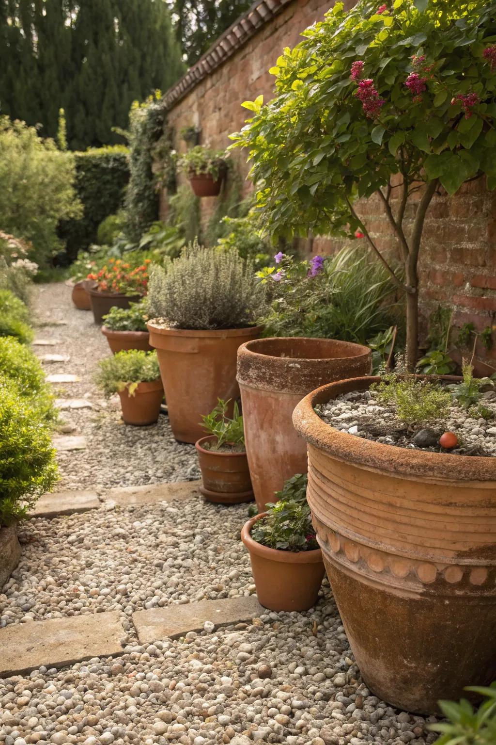 Clay pots contribute a rustic charm to the gravel garden, enriching its aesthetic appeal.