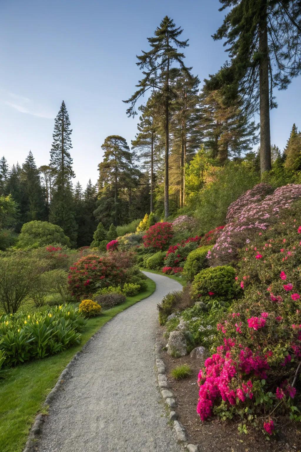 A whimsical gravel path meandering through a garden setting