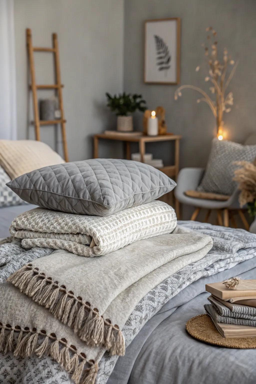 In gray personal spaces, textured fabrics give coziness and style.