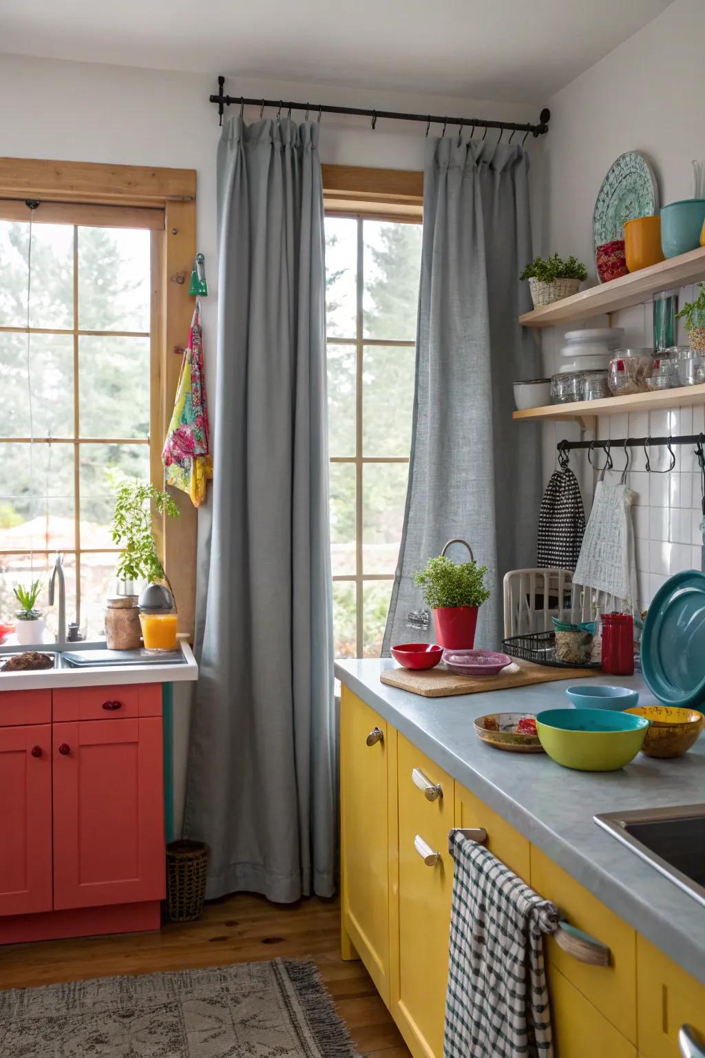 Gray drapes with a burst of chromaticity from vibrant kitchen accessories.