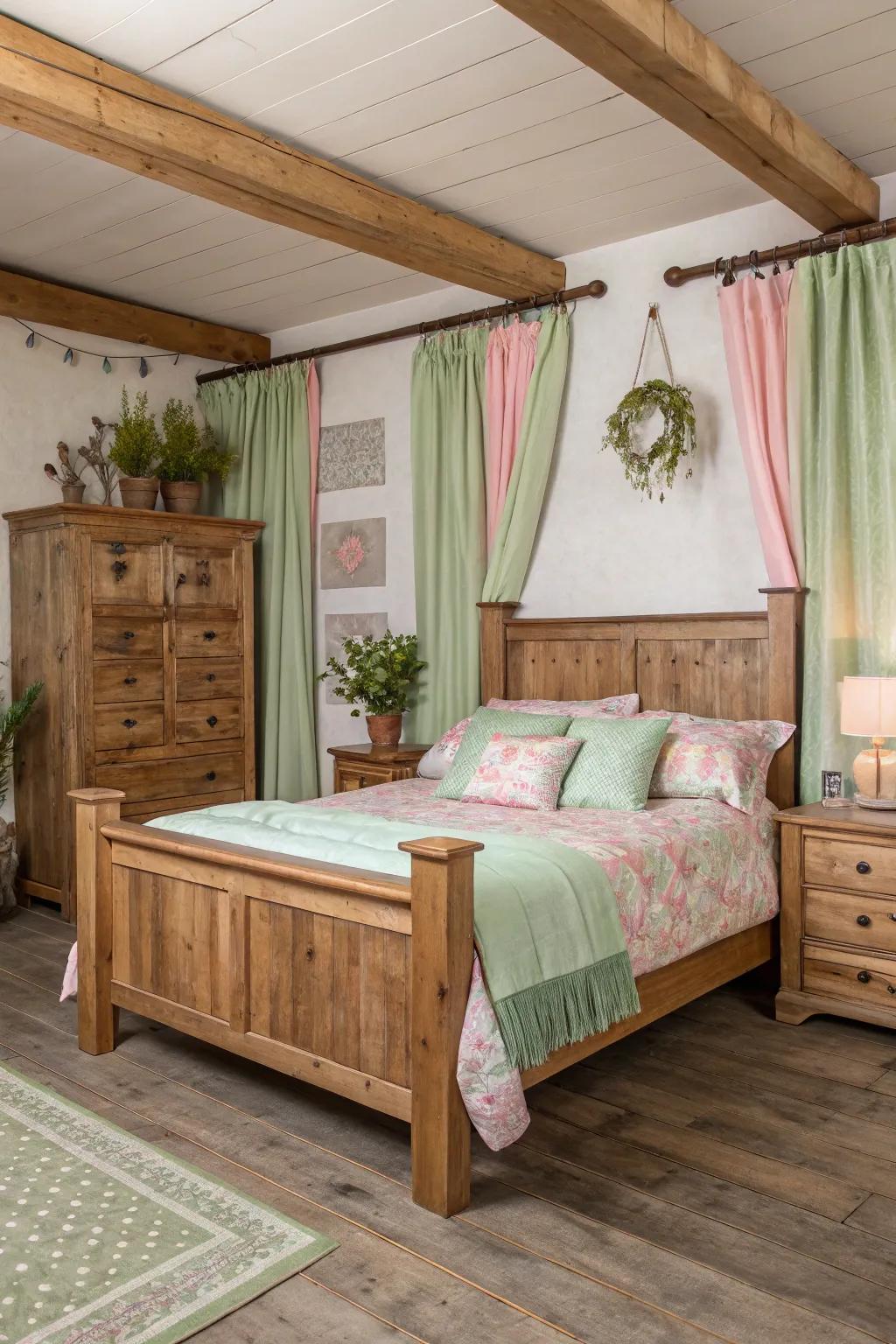 Countryside beauty unites verdant and roseate within this inviting bedroom arrangement.