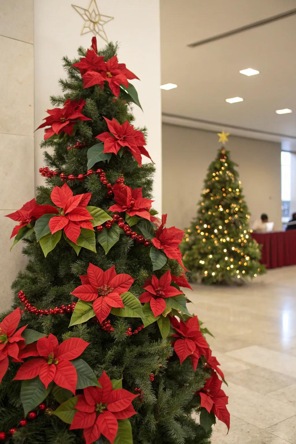 A festive Christmas tree adorned with crimson and emerald poinsettias.