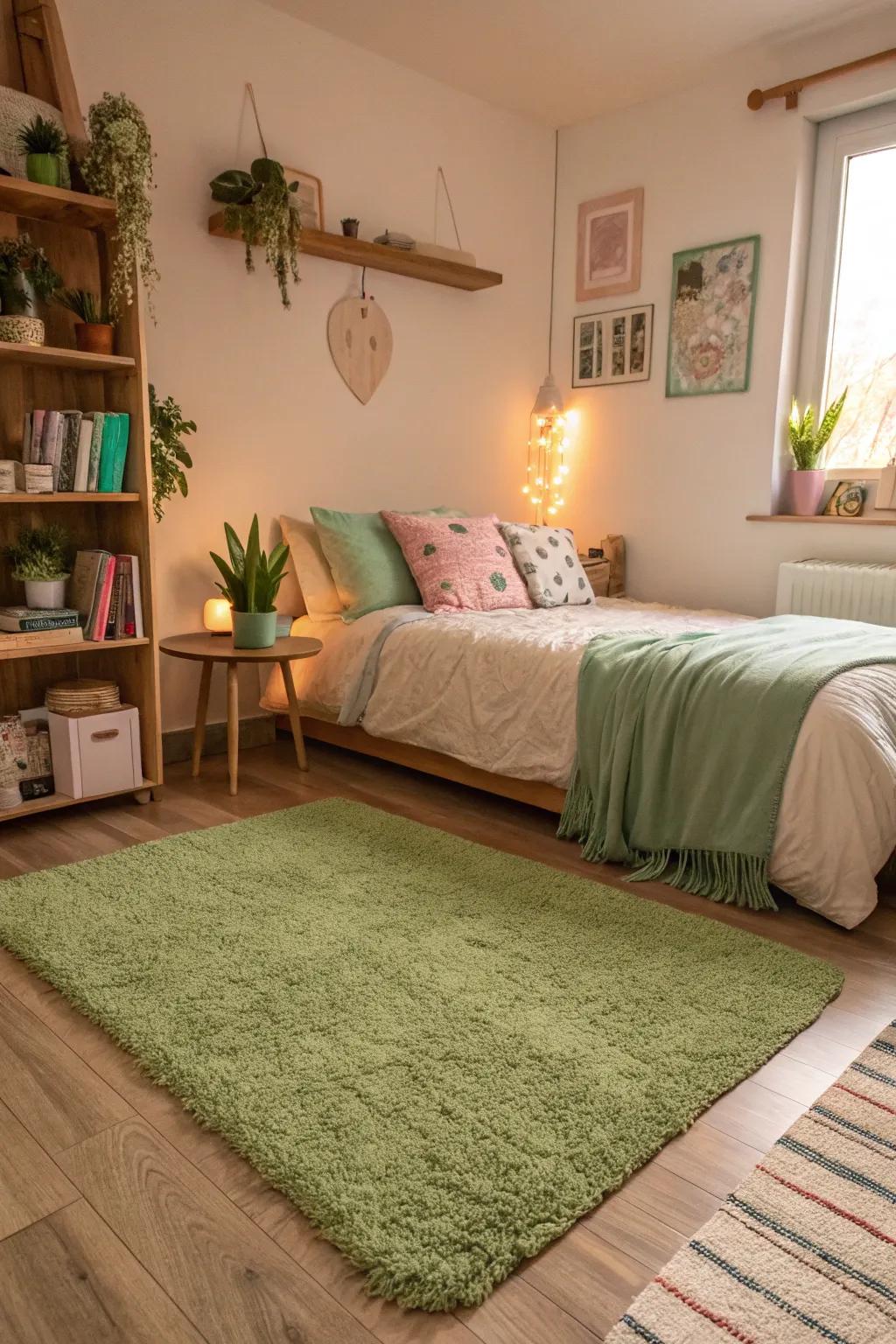 A green rug anchors the aesthetic and adds warmth.