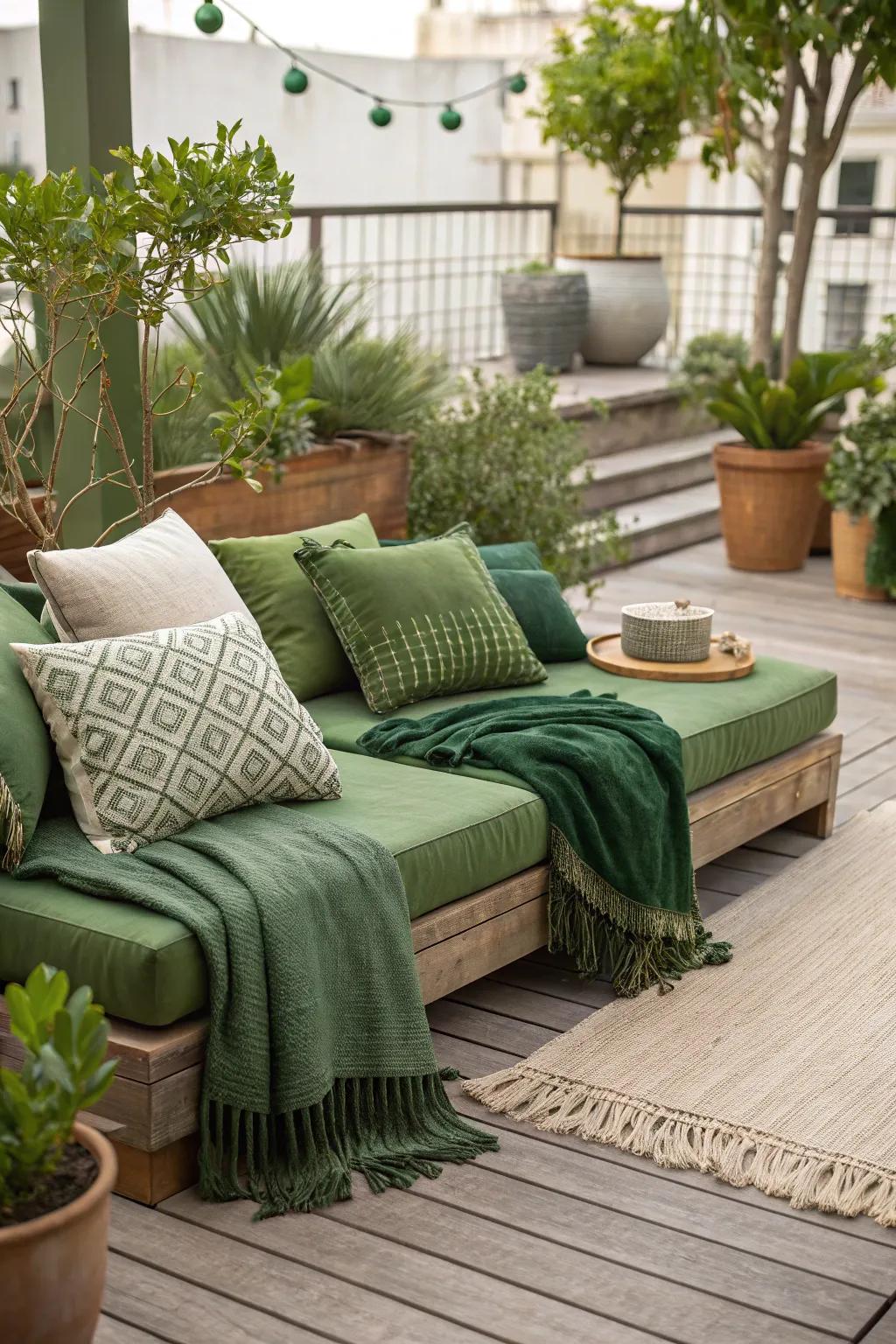 An elegant outdoor seating area featuring sage accents.