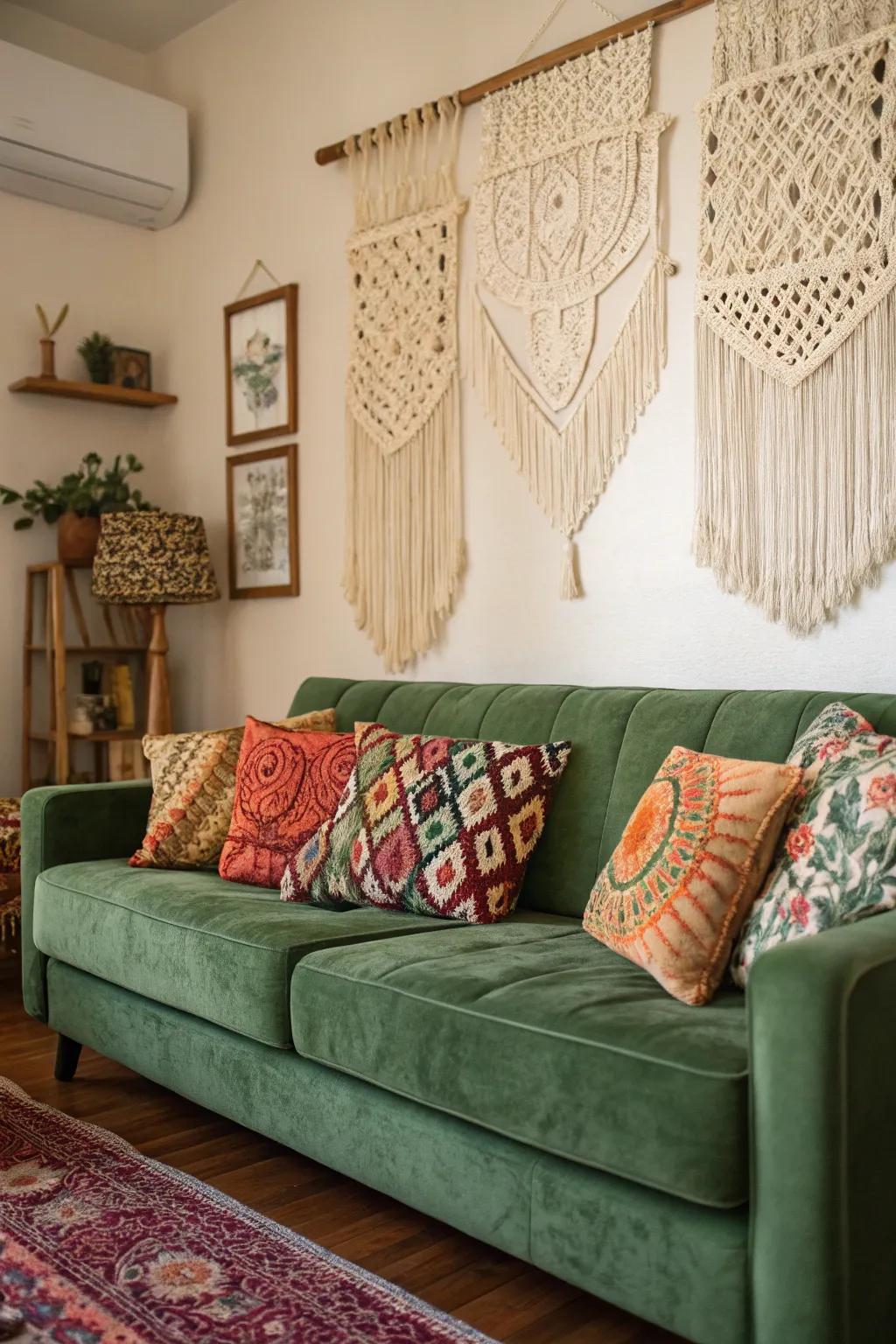 A bohemian lounge featuring a green velvet couch and diverse ornamentation.