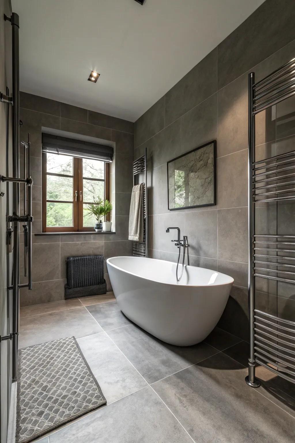 An autonomous tub adds beauty and opulence to the grey bathroom.