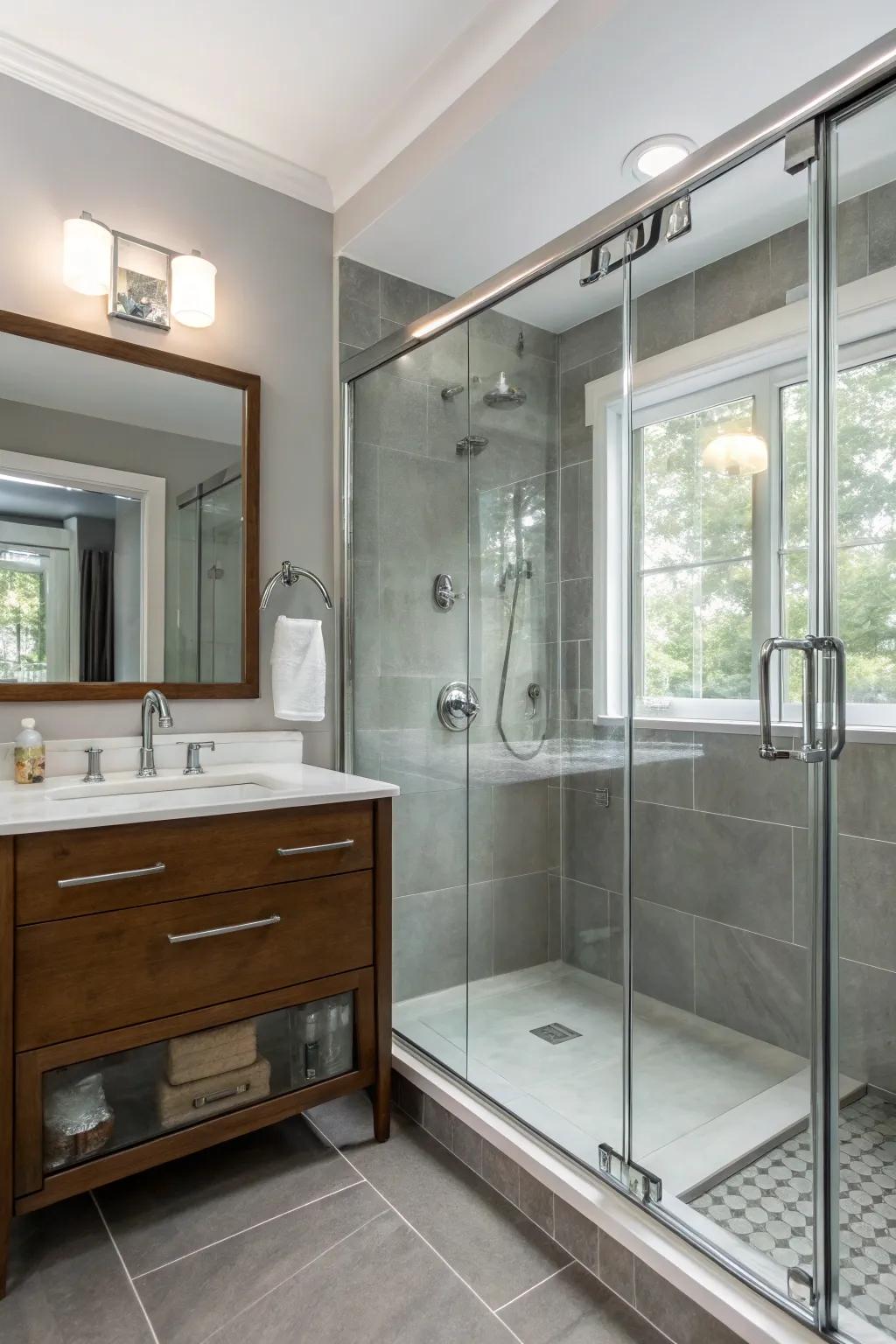 Steel grey partitions and chrome fittings institute a polished, modern lavatory.