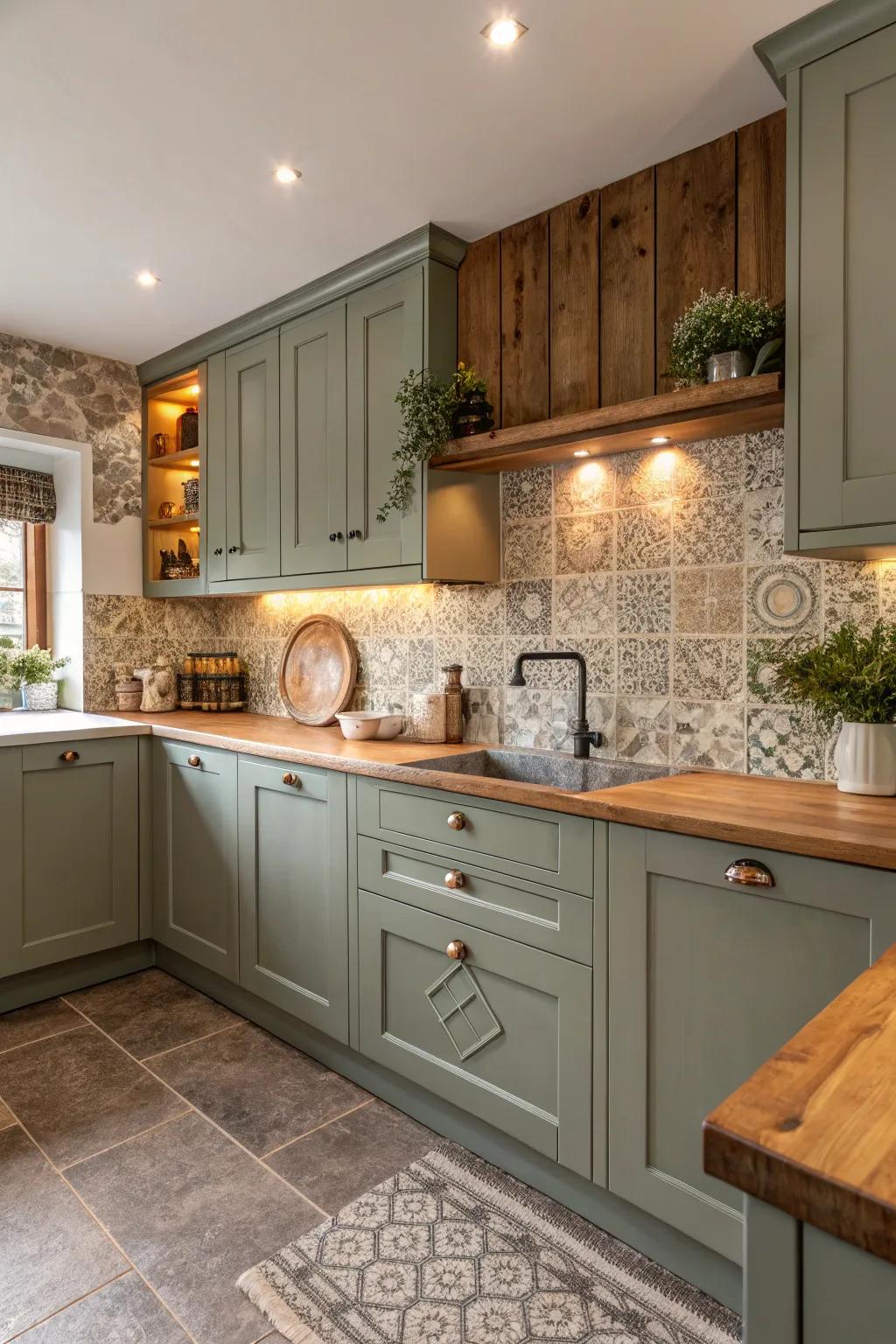 Terrestrial shades establish a warm, inviting sensation with grey-green cabinets.