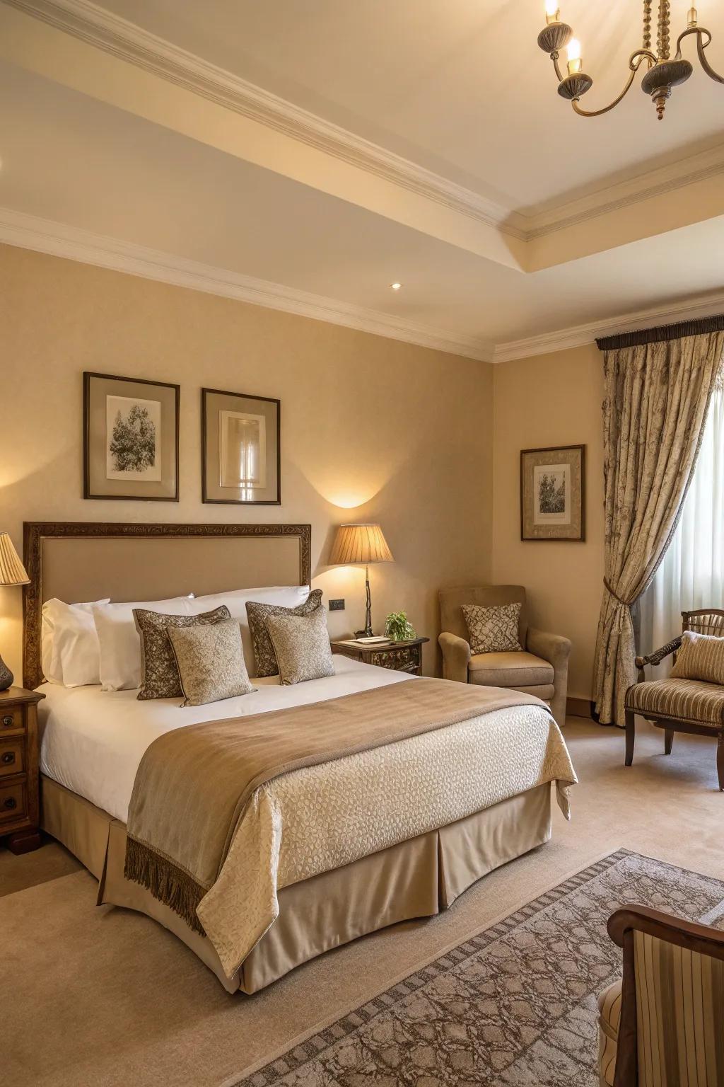 A versatile guest room with warm bisque for a balanced look.
