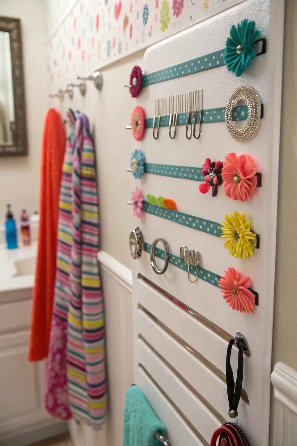 Quirky and effective usage of magnetic strips for styling accessories.