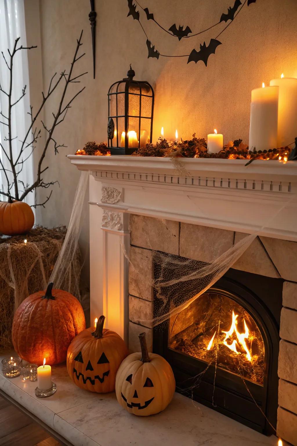 A flickering fireplace introduces warmth and mystery.