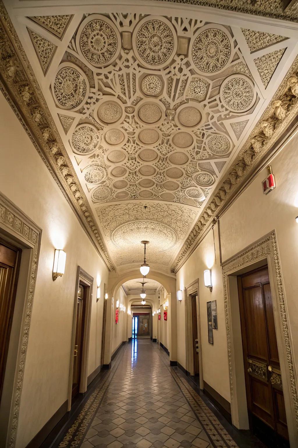 A decorative roof overhead appends a singular suggestion to your hallway.