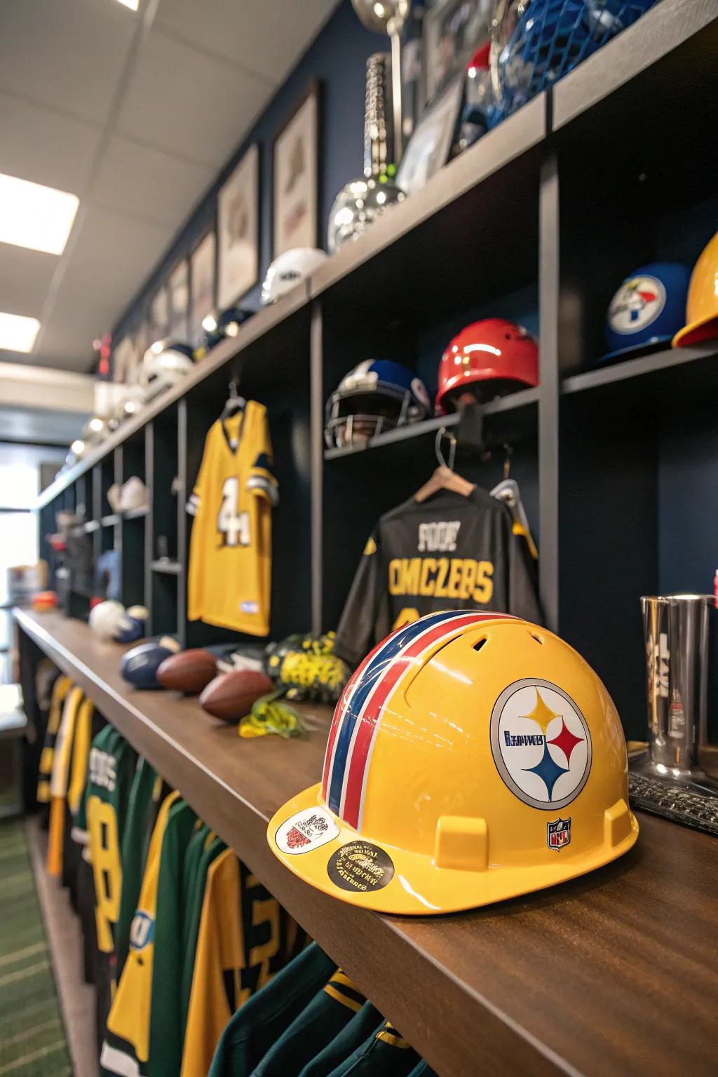 A hard hat distinctly radiating backing for a sports team.