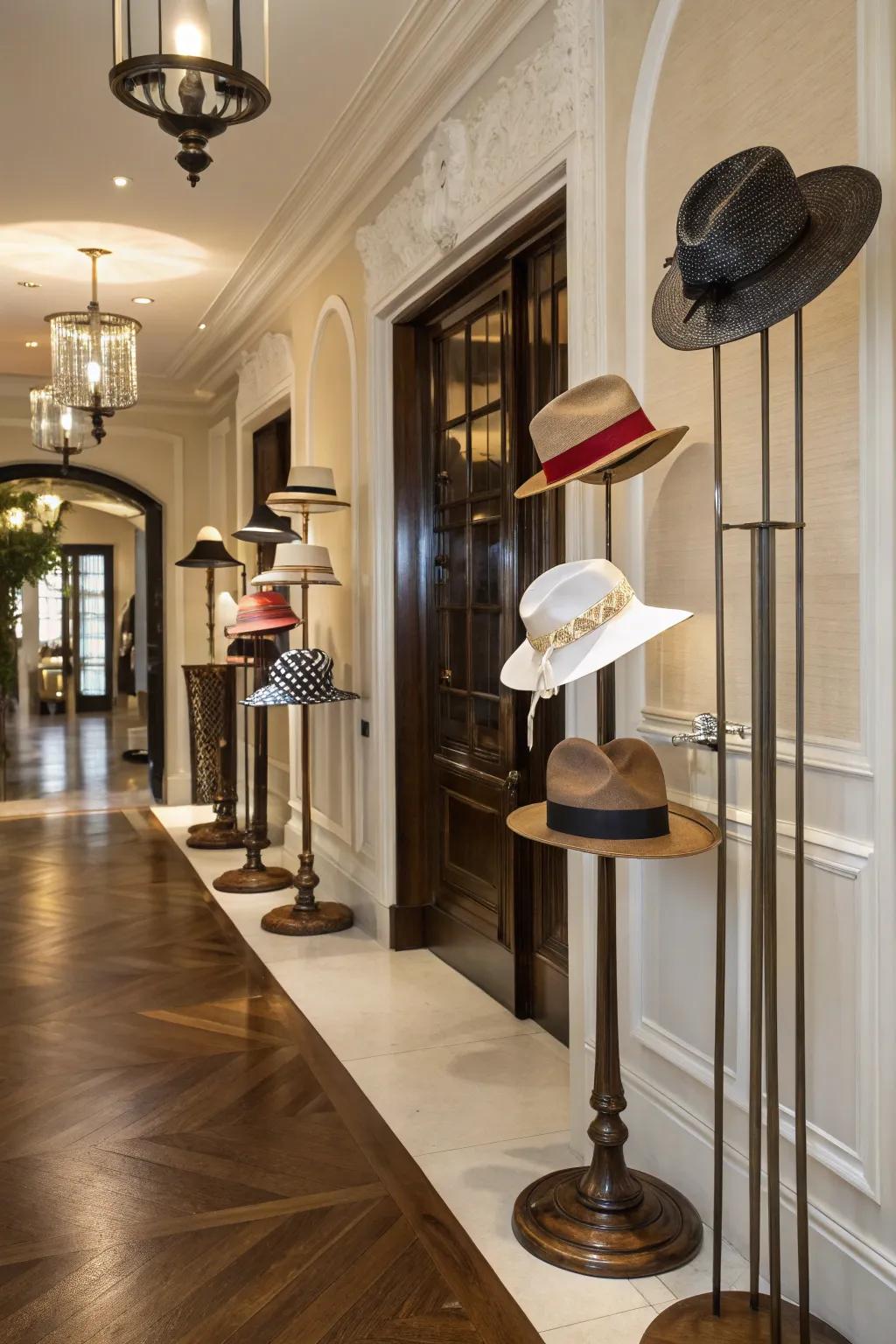 Elegant millinery perches within an entryway.