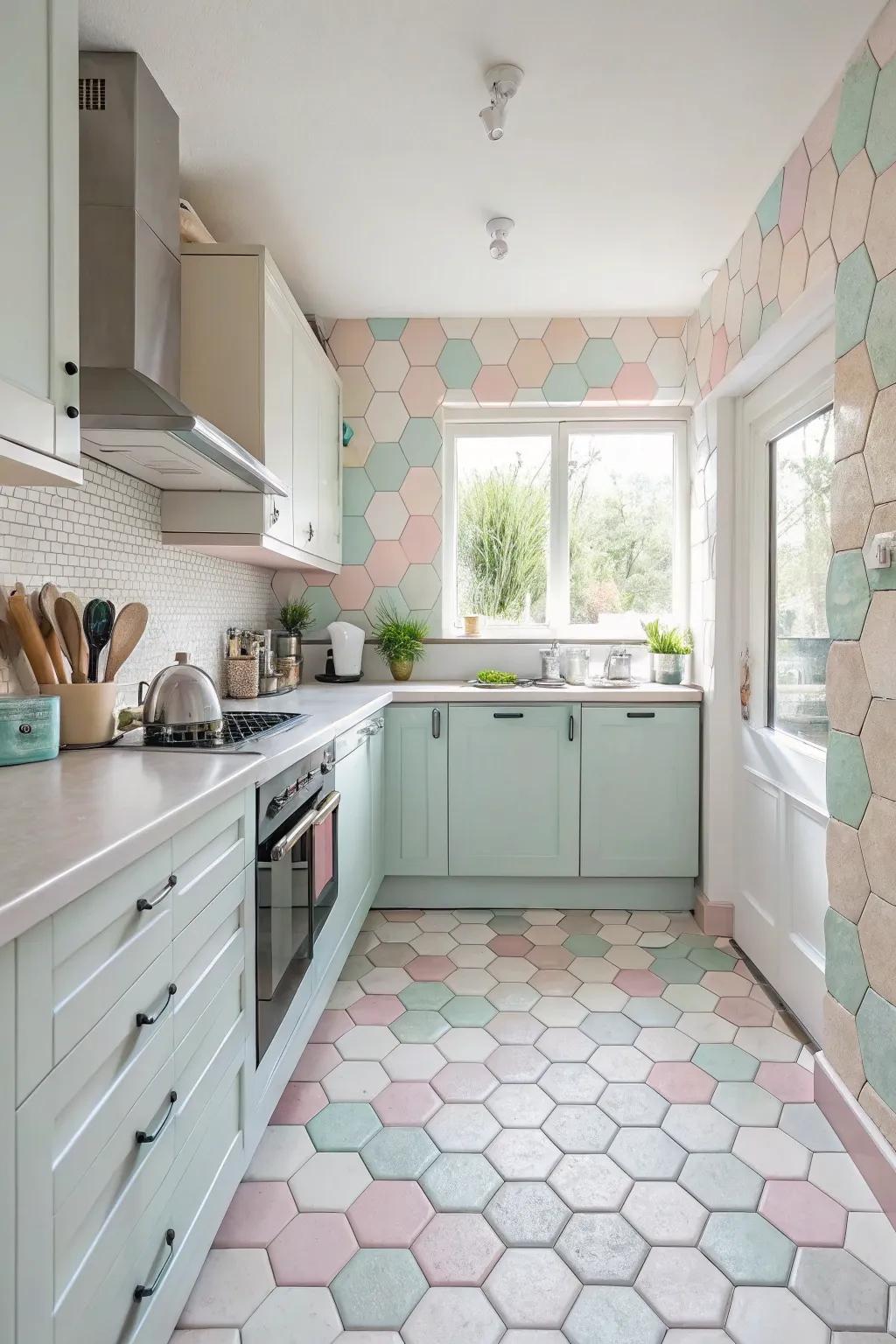 Pastel hexagon patterns imbue your kitchen with serene elegance.