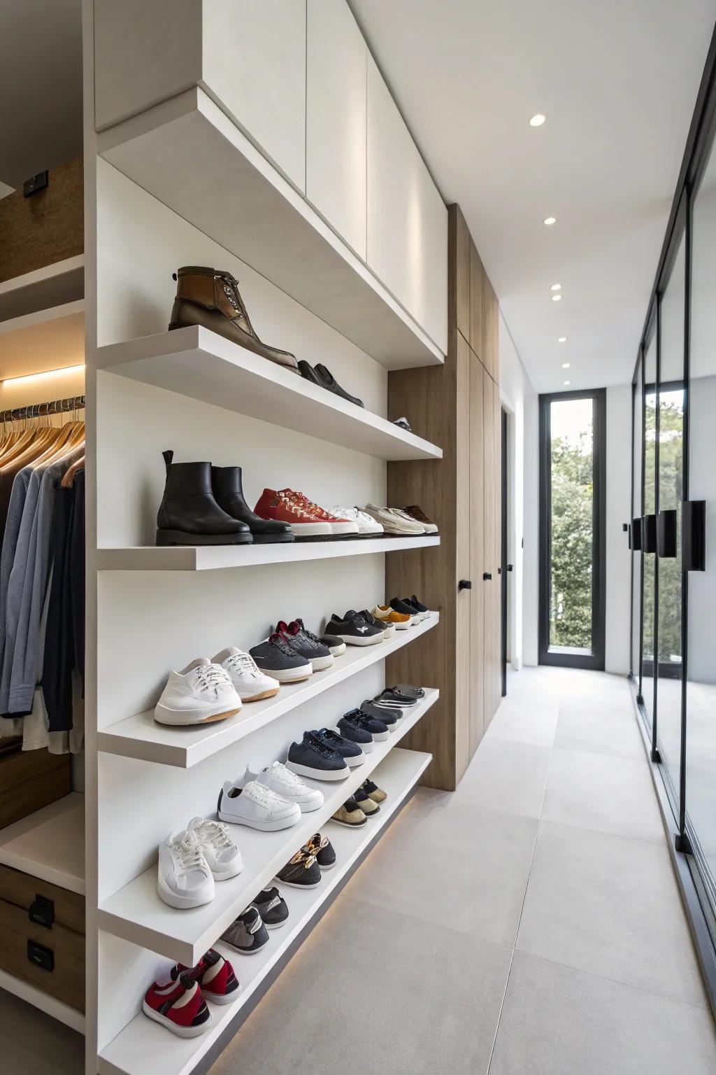 Floating shoe shelves offer a minimalist and decorative storage solution.