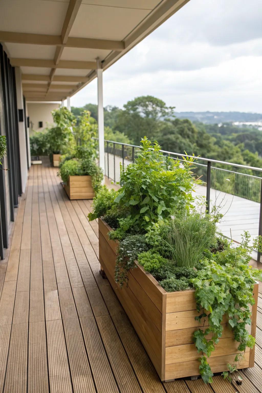 Integrated planters that add a touch of nature.