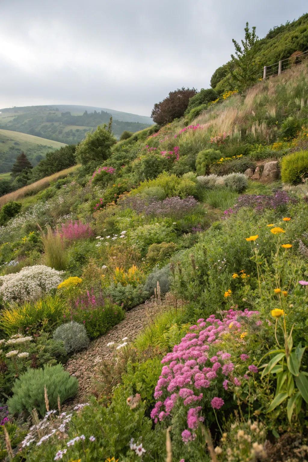 For hillside gardens, native plants are a sustainable and low-maintenance option.
