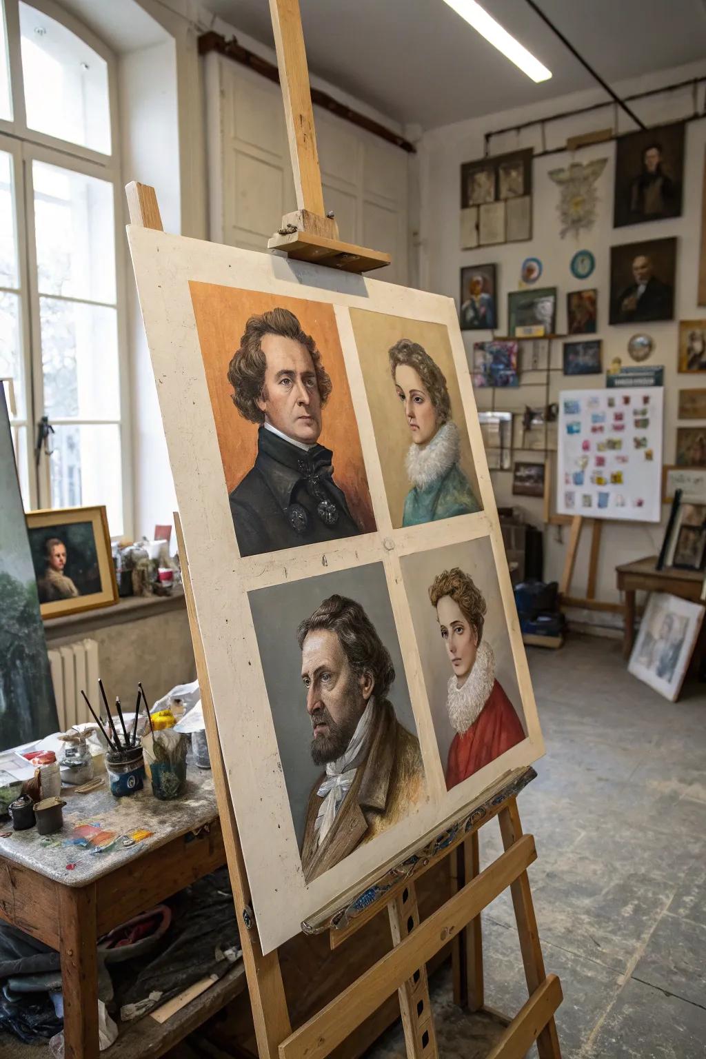 Artistic portraits that blend history with creativity in an artist's studio.