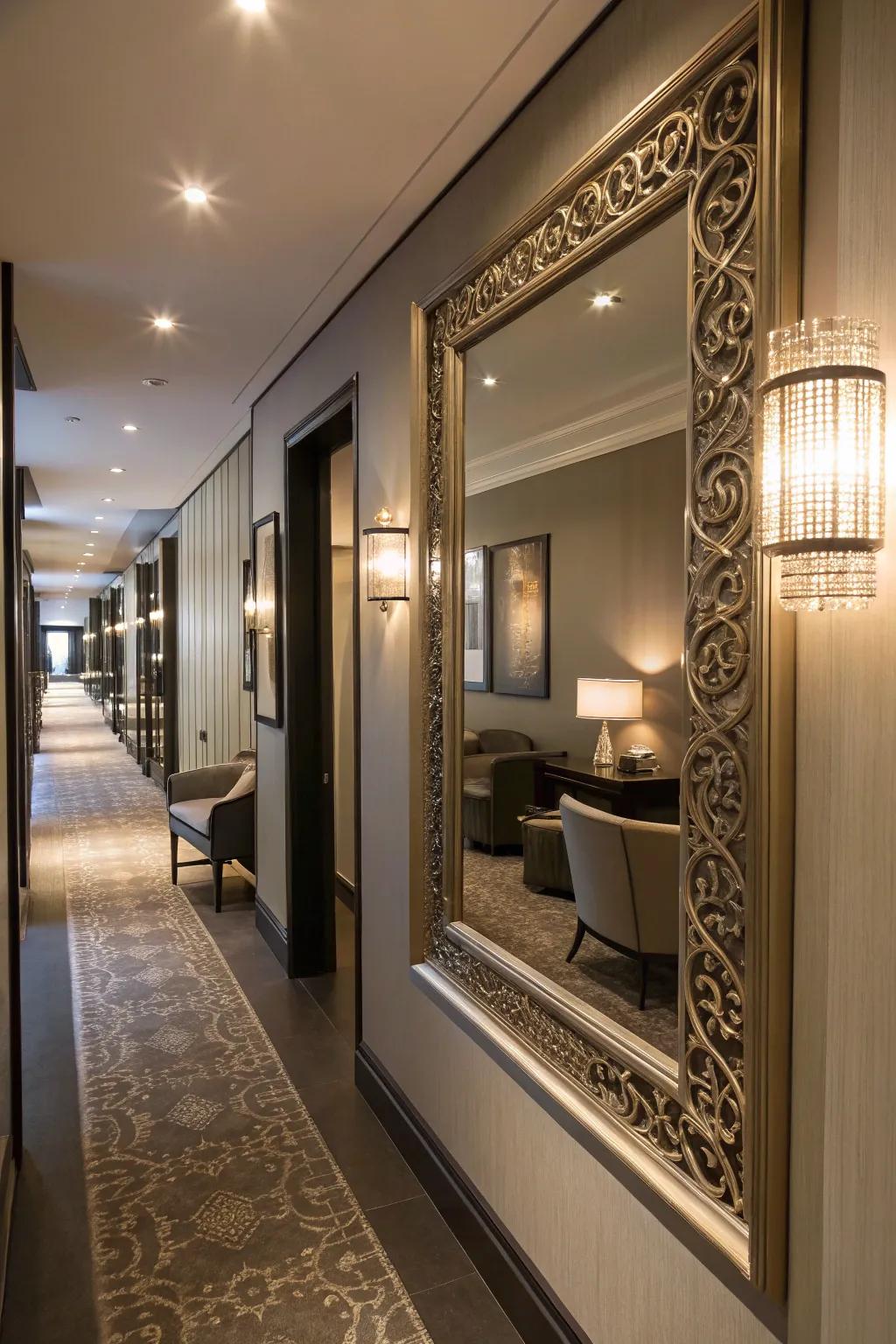 A decorative reflector adding depth and brightness to the hallway.
