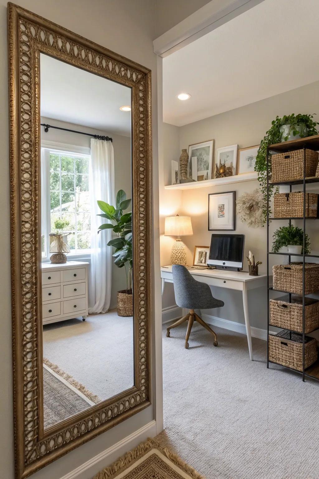 Mirrors reflect illumination and transform your office into a more expansive area.