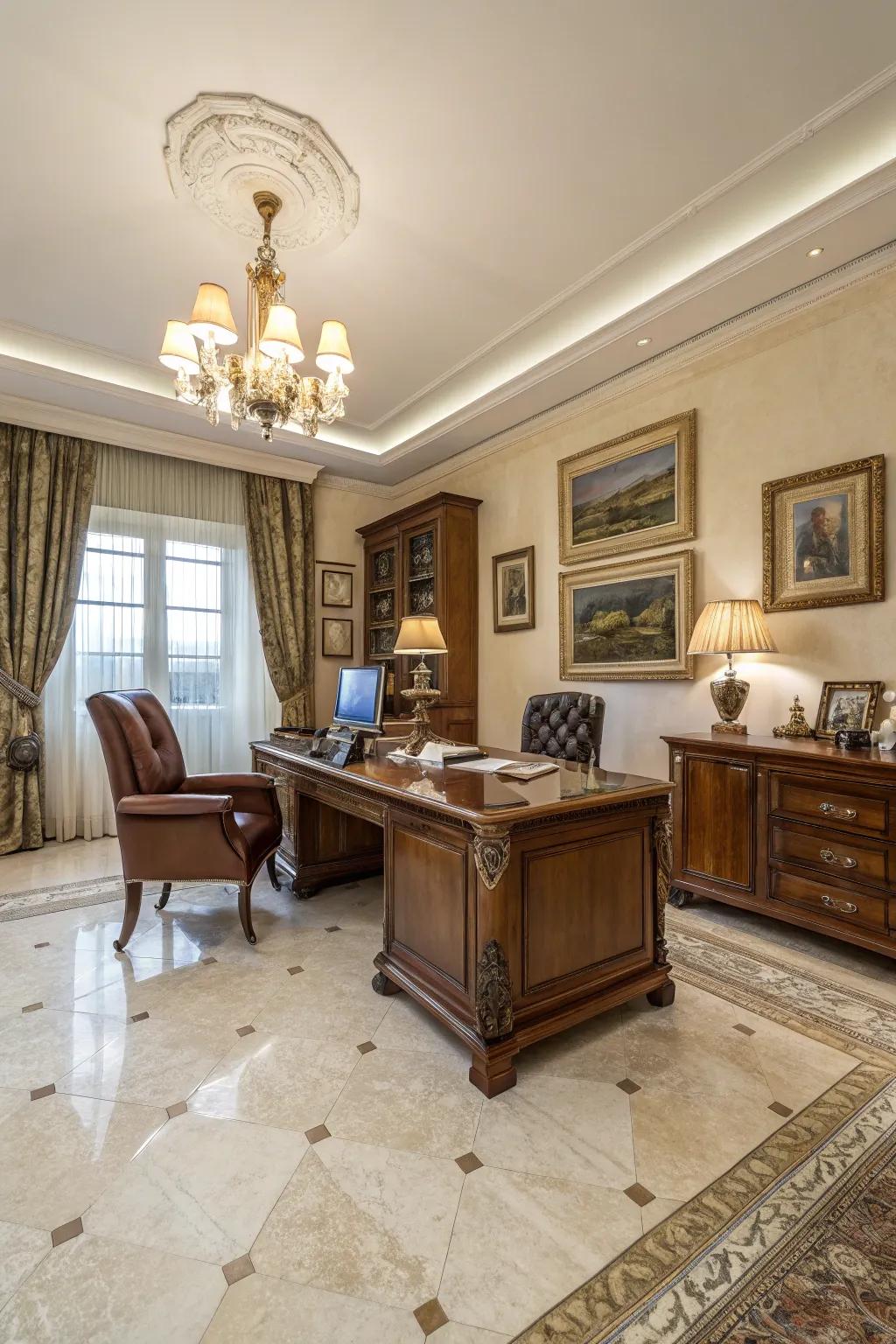 Unaltered stone flooring contributes opulence and ageless splendor to your office.