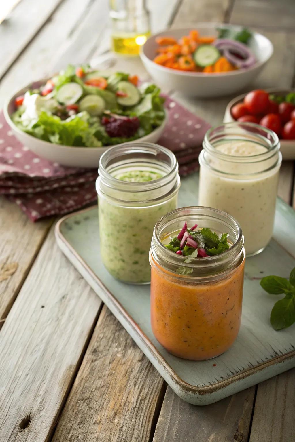 Charming jars for presenting salad dressings.