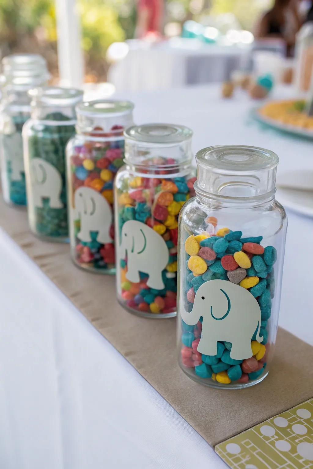 Playful and festive glassware filled with elephant confetti.