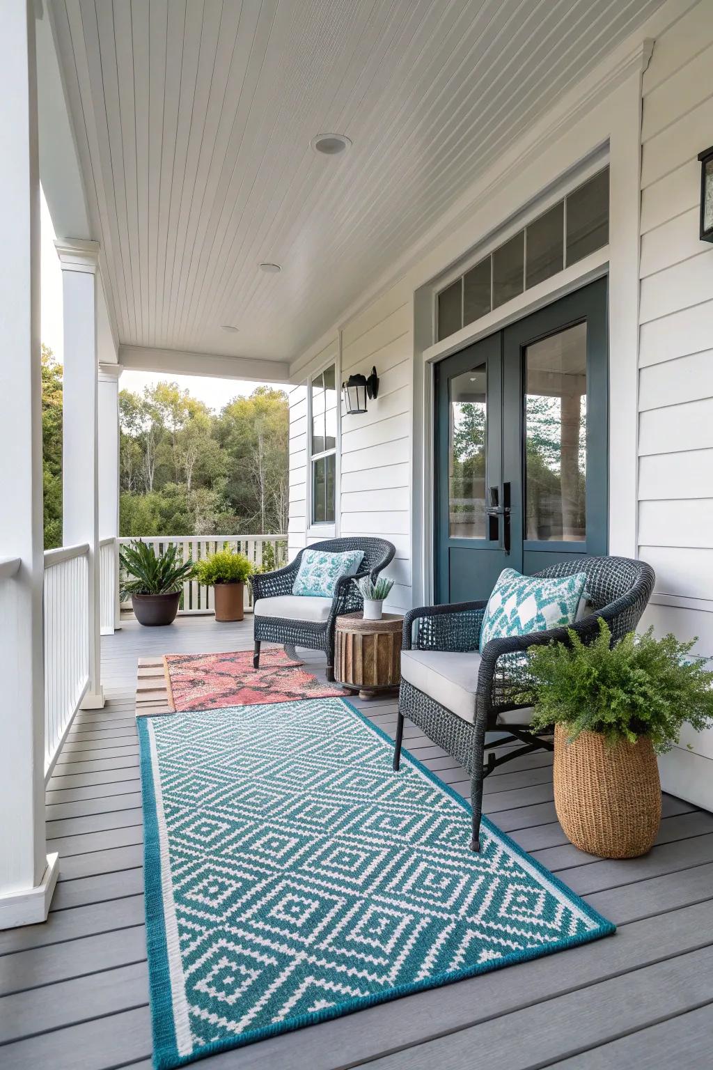An elegant rug instills cordiality and cohesiveness within this contemporary porch.