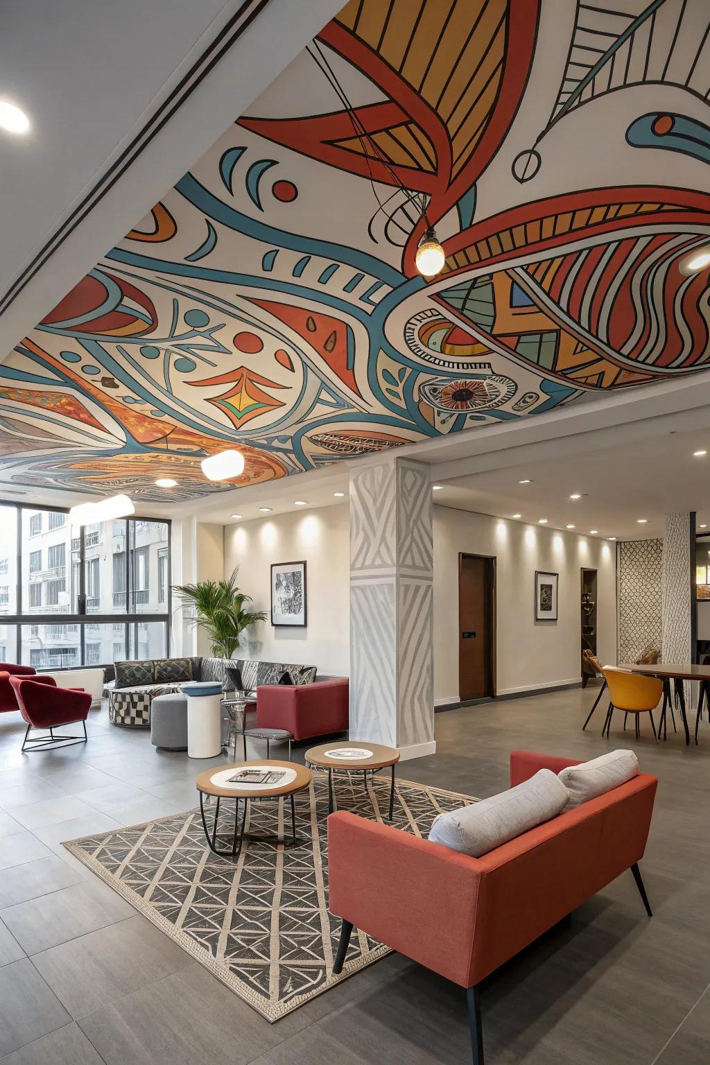 A contemporary chamber featuring dynamic pigmented layouts on the overhead plane.