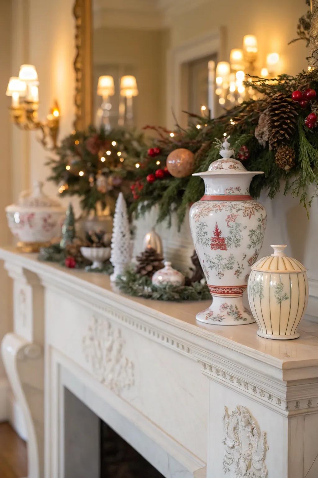 A mantel creatively adorned with china and seasonal components.