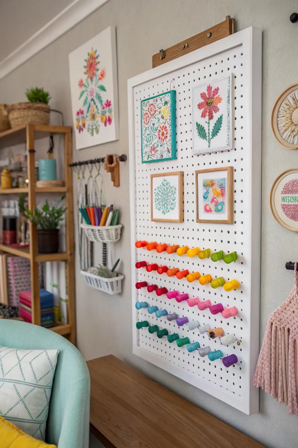 Pegboard exhibits render cross stitch pieces playful and adaptable