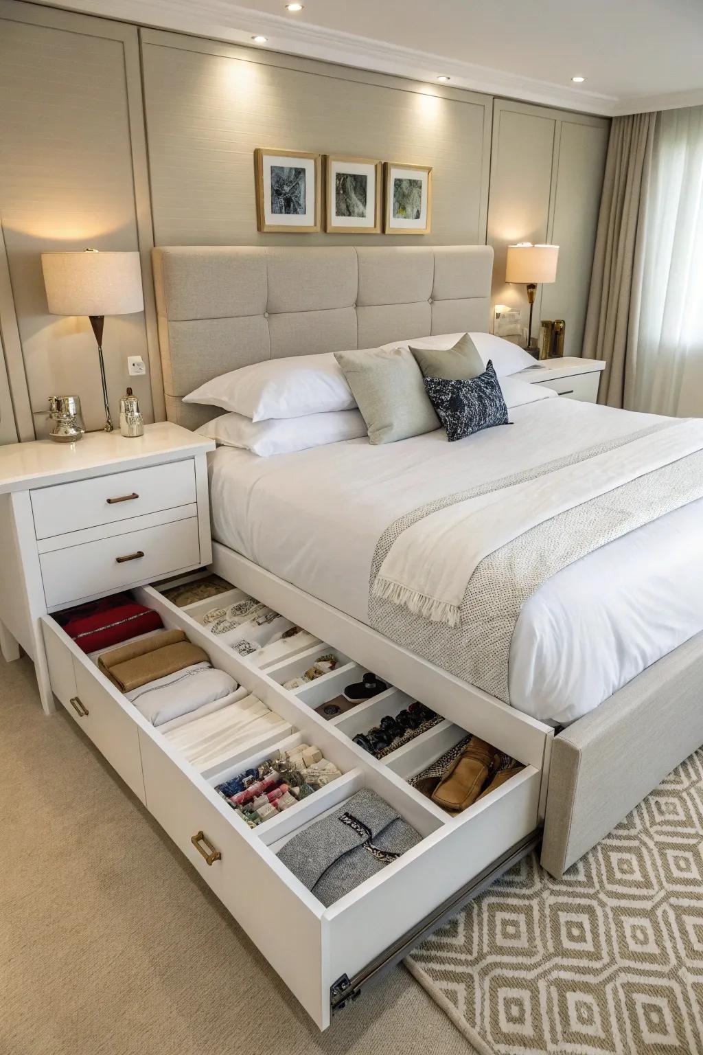 A sleeping chamber featuring a sleeping platform equipped with concealed storage solutions.