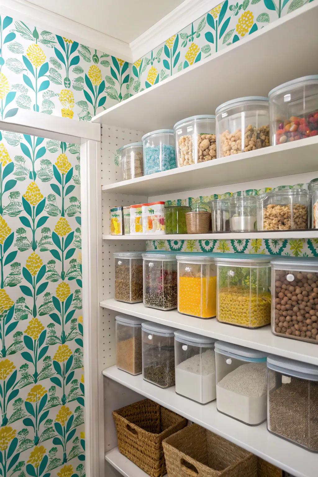 Ornamental paper adds a splash of color and personality to the pantry.
