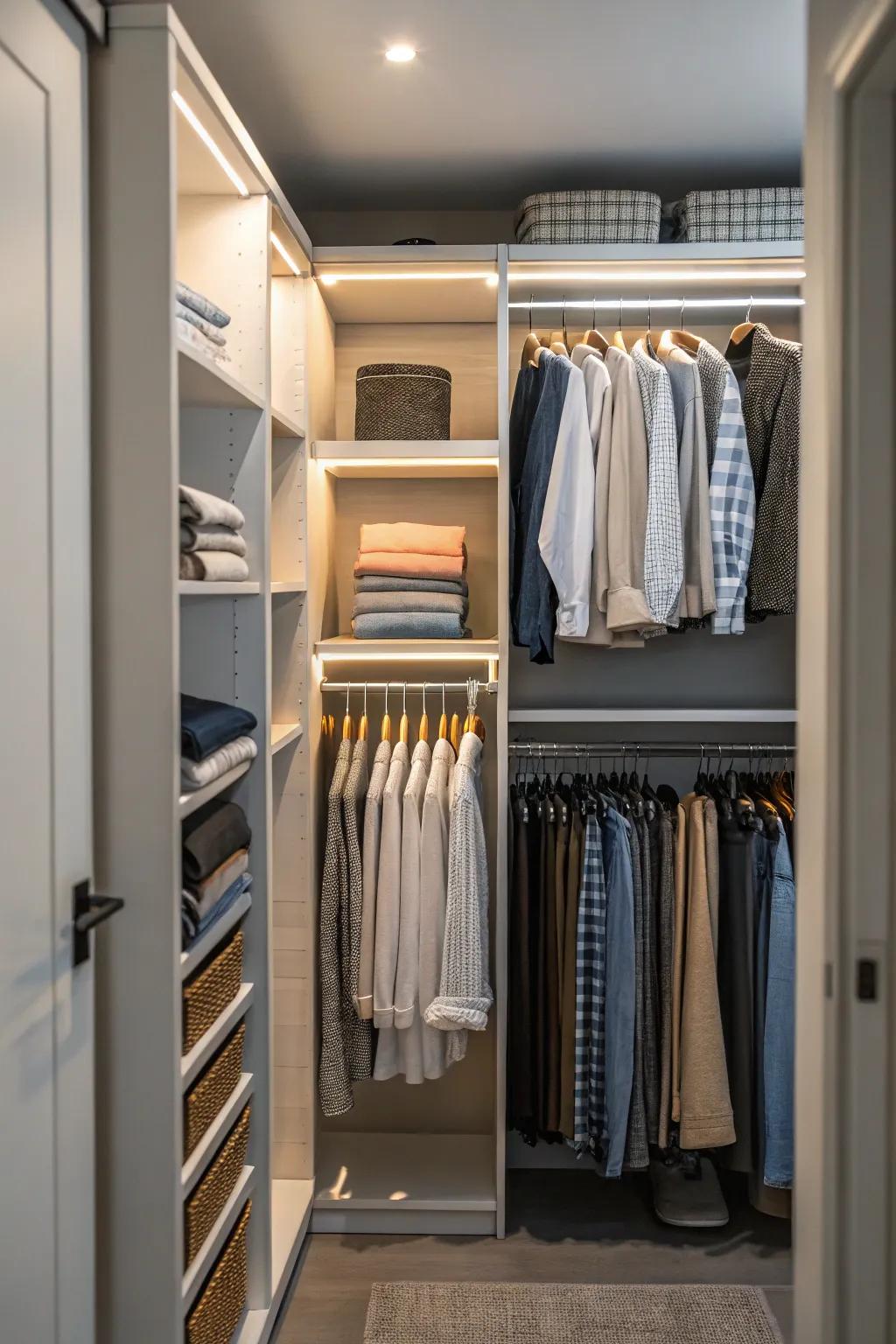 An impeccably organized closet optimizing the use of available space.