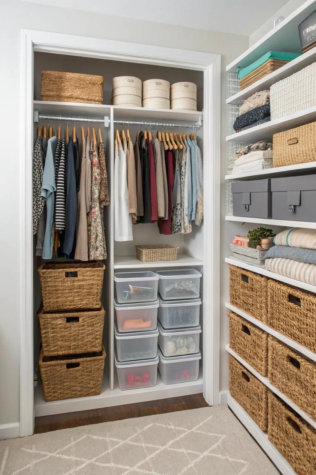 A mix of storage solutions effectively handles diverse items.