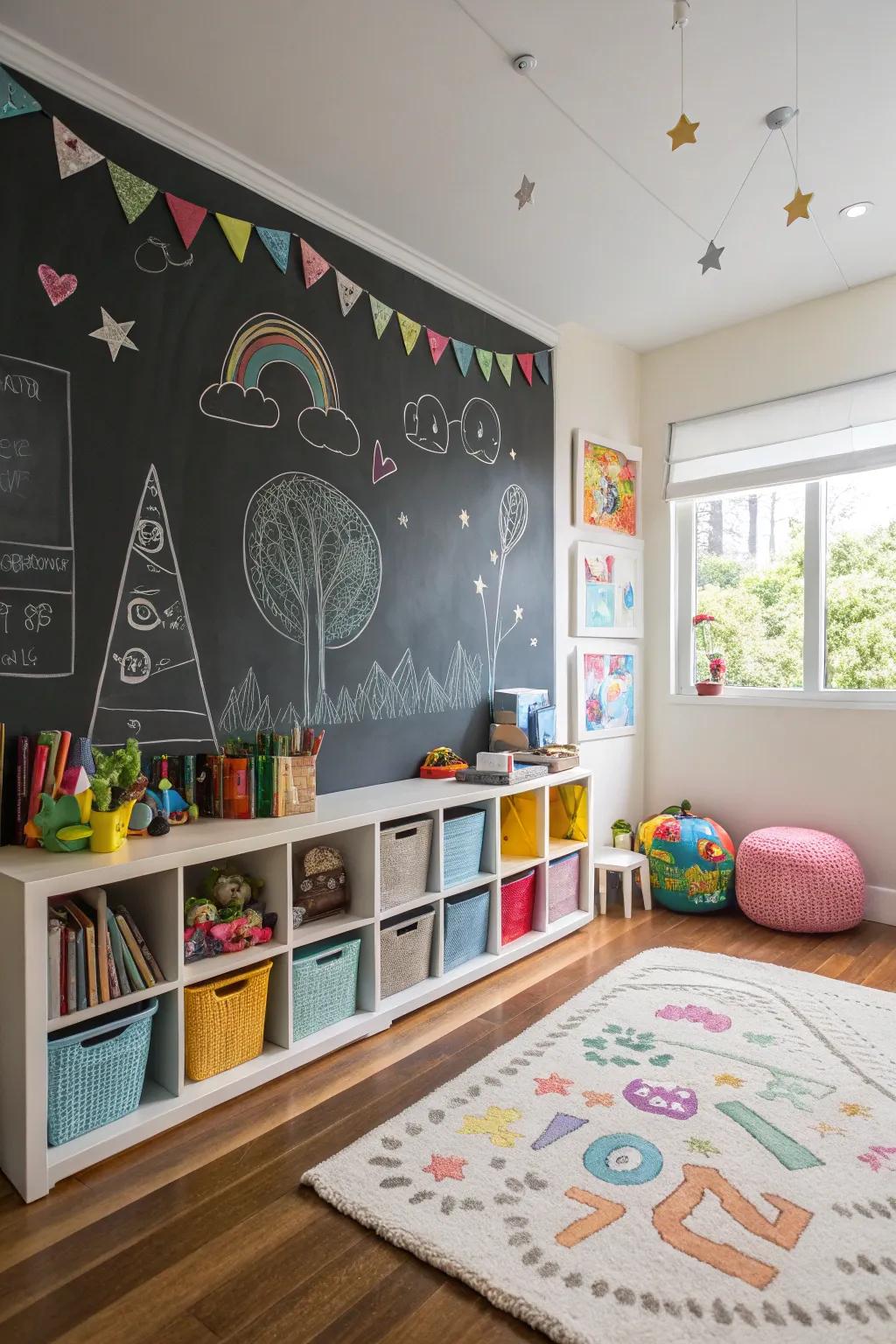 A chalkboard wall fosters creativity and lessens paper mess.