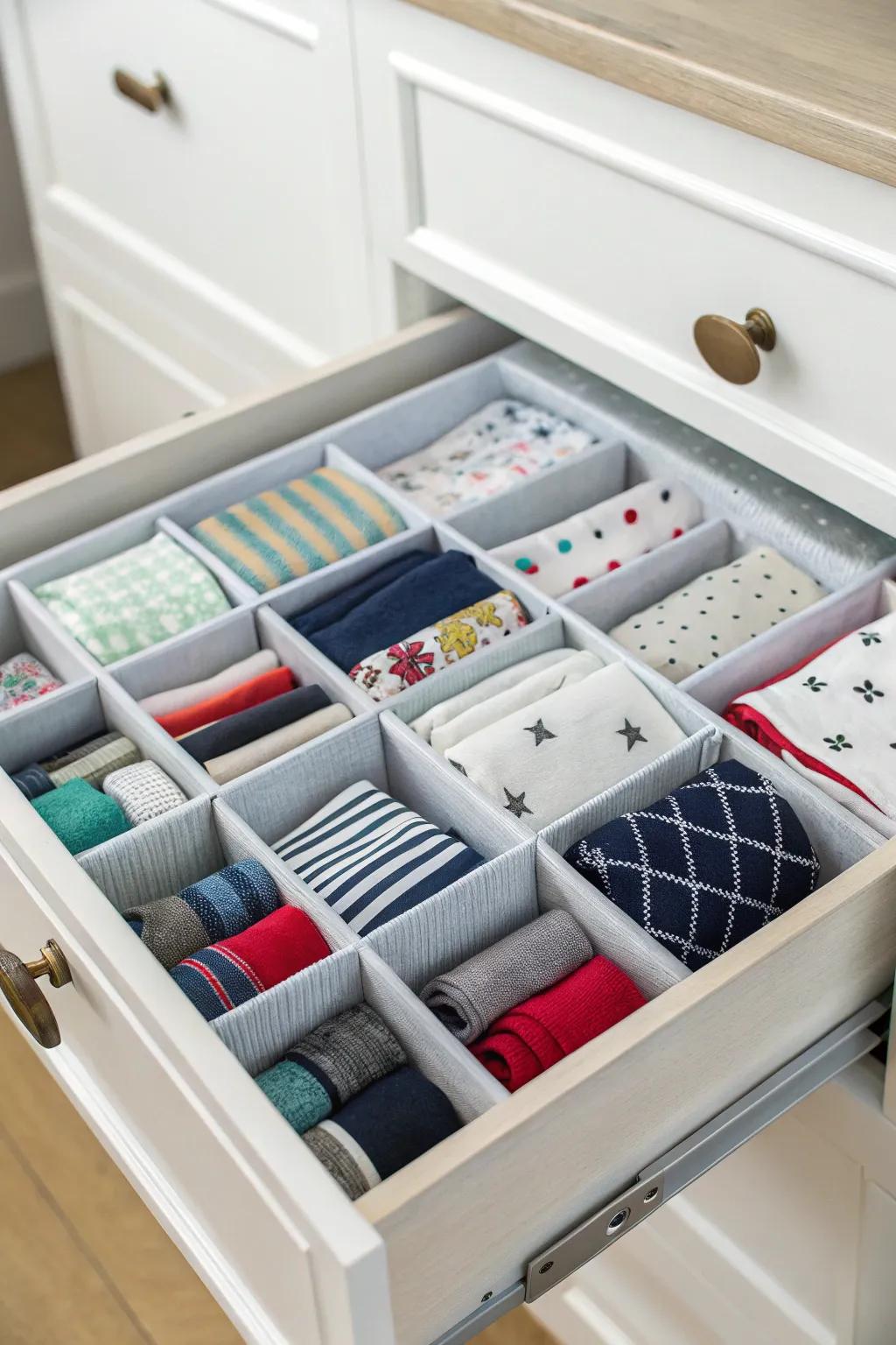 Boxes offer accessible DIY compartments for organizing socks.