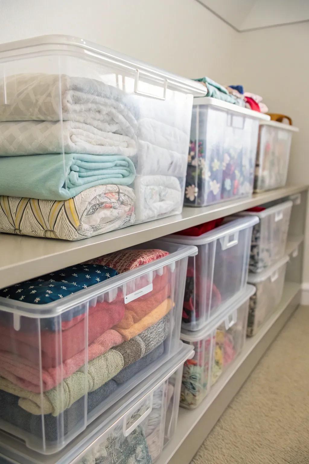 Lucid polymer bins housing folded comforters on a shelf.