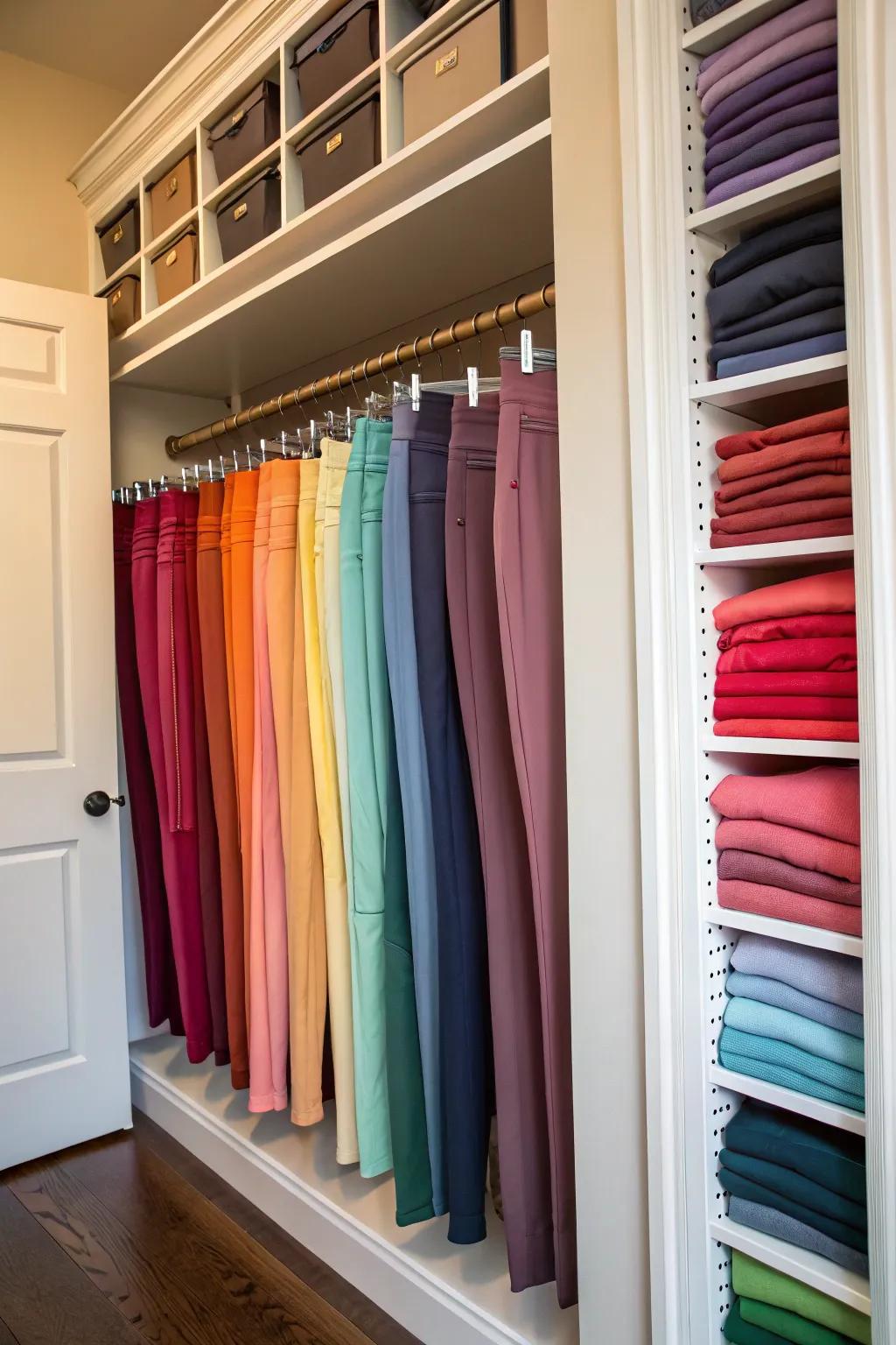 Introduce vibrancy through a color-coordinated leggings storage approach.
