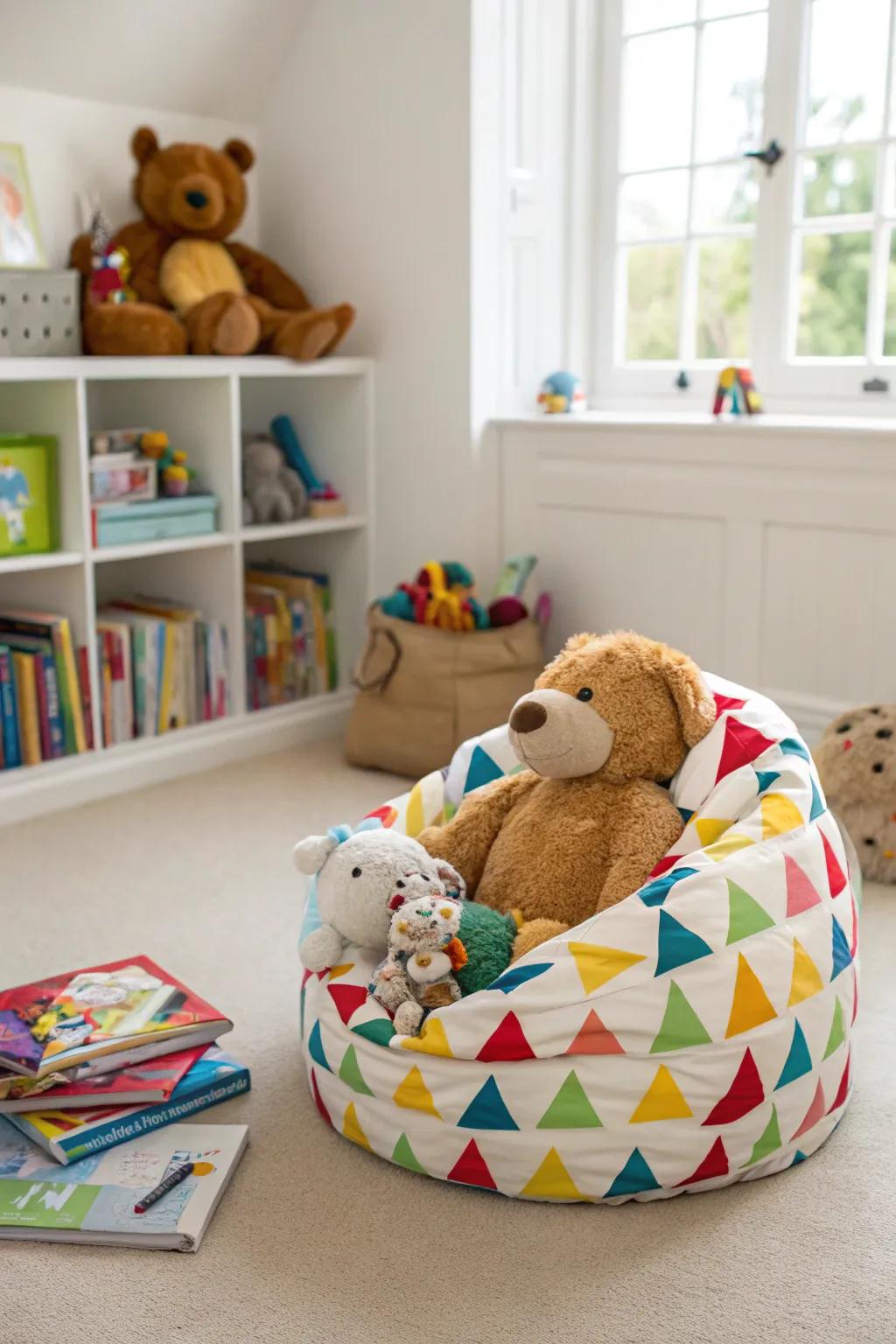 A stuffed animal chair combines comfort with clever storage.