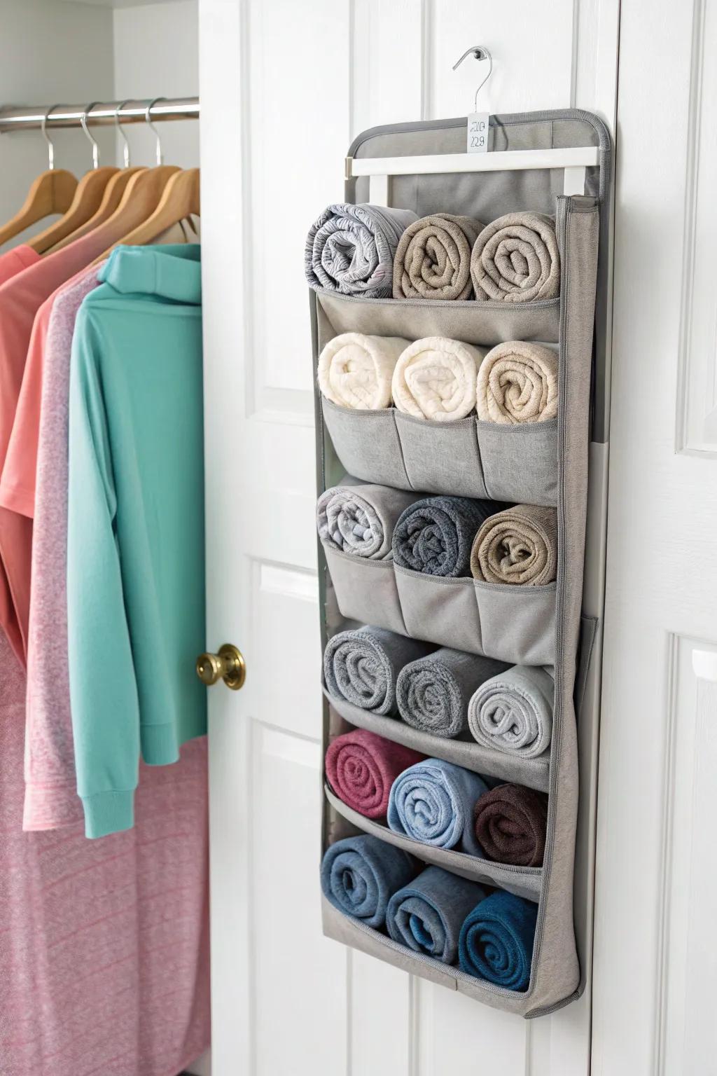 Over-the-door organizers offer smart storage for lightweight sweatshirts.