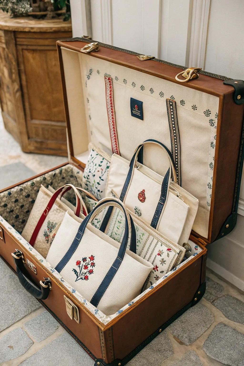 Antiquated luggage presents quaint and concealed storage for carryalls.