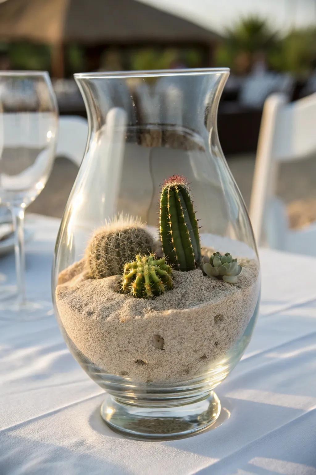 Sand and a diminutive cactus housed in a hurricane vase, crafted for a desert-themed centerpiece.