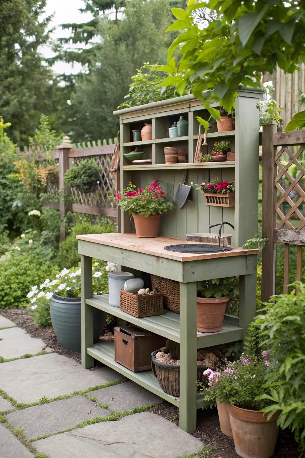 A potting bench gives both storage and a workspace.