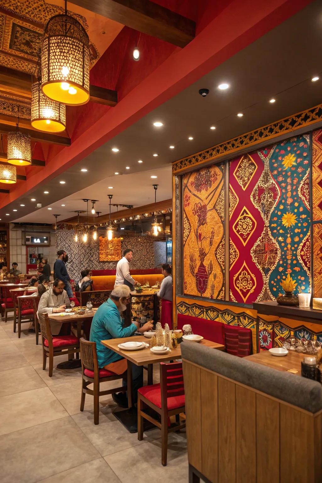 A feature wall makes a striking statement in an Indian restaurant.